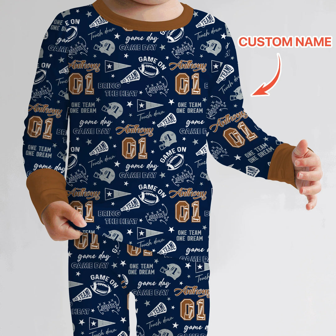 Custom Name Football Game Day Bamboo Two Piece Long Sleeve Pajama Set