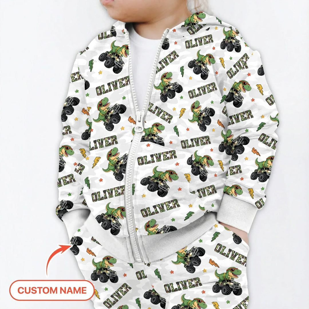 Custom Name Camo Trucker Dino Bamboo Zip Hoodie