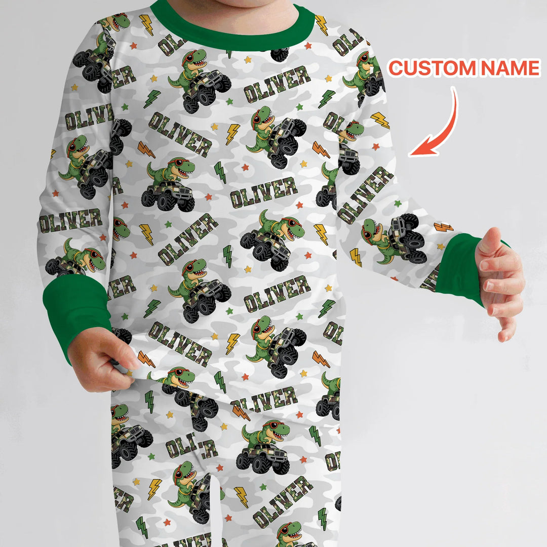 Custom Name Camo Trucker Dino Bamboo Two Piece Long Sleeve Pajama Set