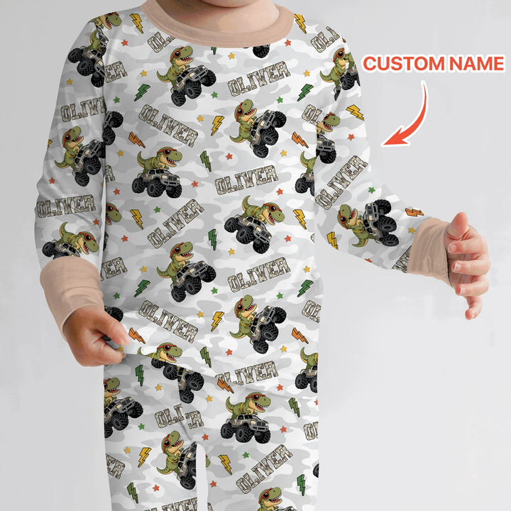 Custom Name Camo Trucker Dino Bamboo Two Piece Long Sleeve Pajama Set