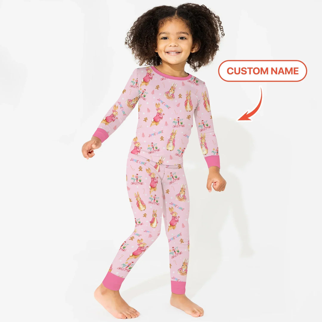 Custom 1st Christmas Rabbit Two Piece Long Sleeve Pajama Set , Custom 1st Christmas Rabbit Two Piece Long Sleeve Pajama Set - 12-18M
