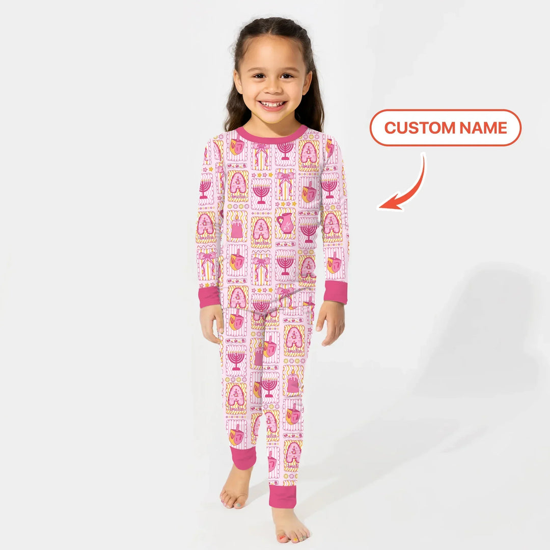 Custom Name Hanukkah Wonderland Bamboo Two Piece Long Sleeve Pajama Set