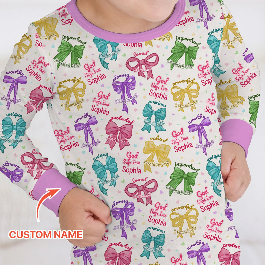 God Says I Am Bow Blessings Custom Name Bamboo Two Piece Long Sleeve Pajama Set