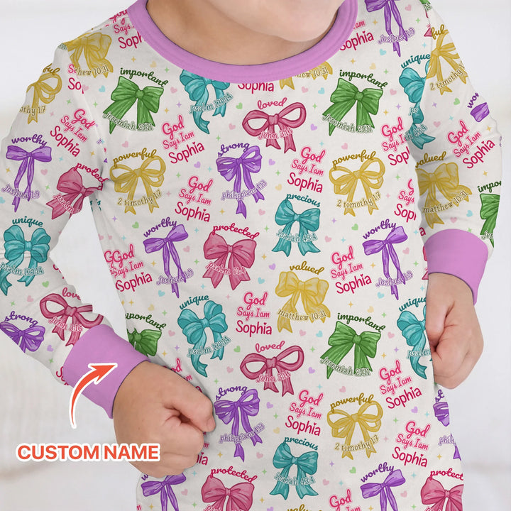 God Says I Am Bow Blessings Custom Name Bamboo Two Piece Long Sleeve Pajama Set