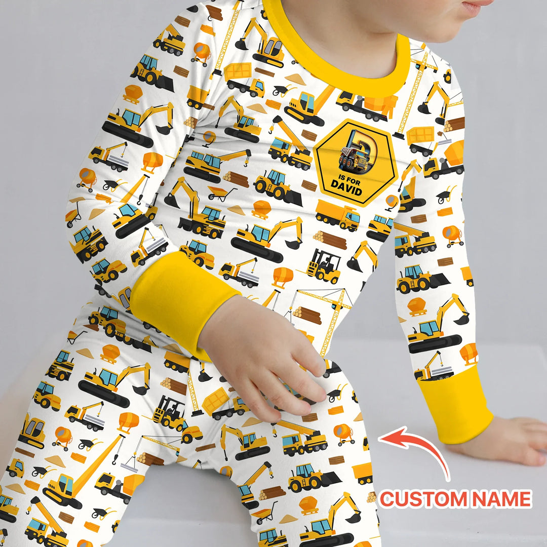Custom Name Construction Initials Bamboo Two Piece Long Sleeve Pajama Set