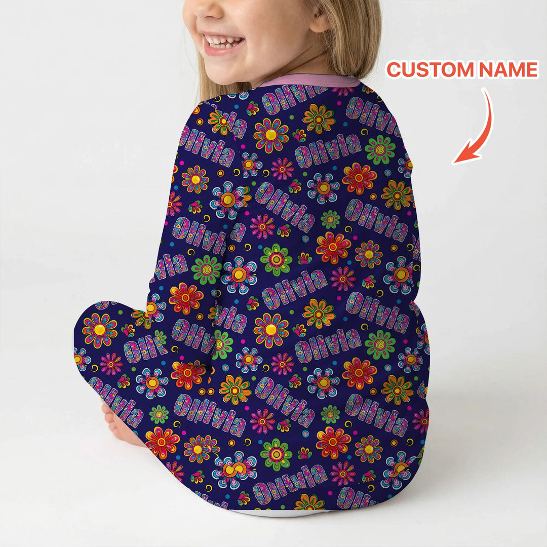Custom Name Rainbow Hippie Flowers Bamboo Two Piece Long Sleeve Pajama Set