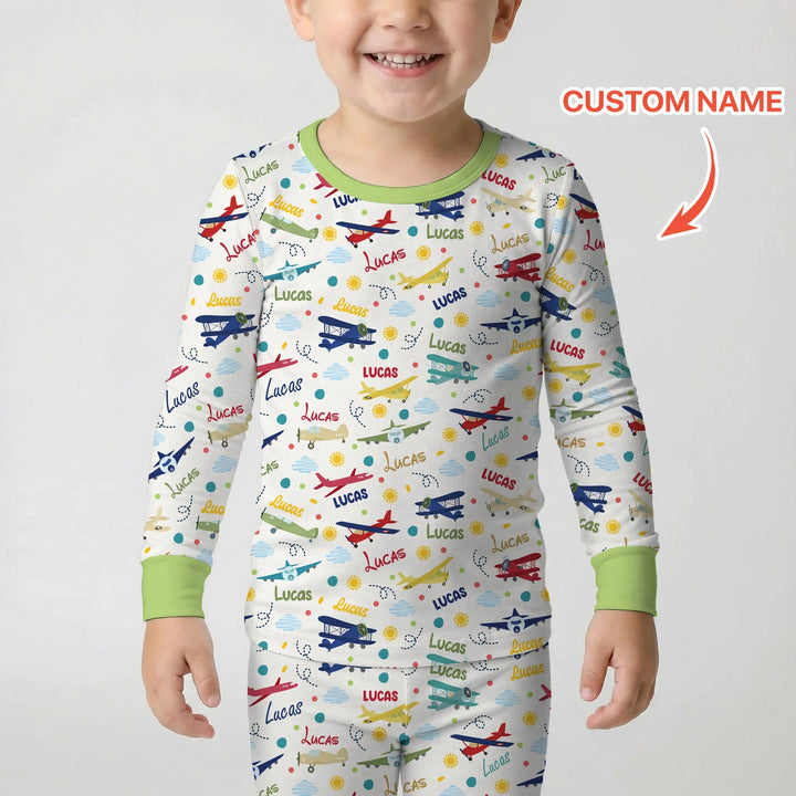 Custom Name Air Transport Bamboo Two Piece Long Sleeve Pajama Set