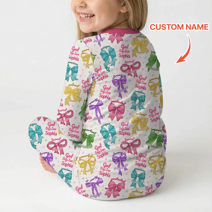 God Says I Am Bow Blessings Custom Name Bamboo Two Piece Long Sleeve Pajama Set