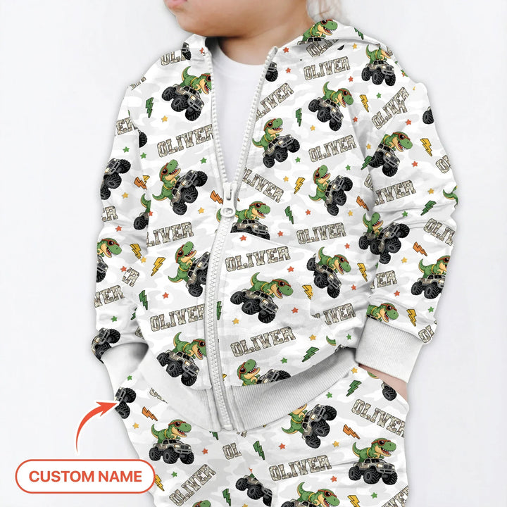 Custom Name Camo Trucker Dino Bamboo Zip Hoodie