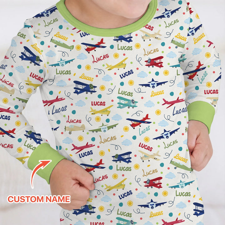 Custom Name Air Transport Bamboo Two Piece Long Sleeve Pajama Set