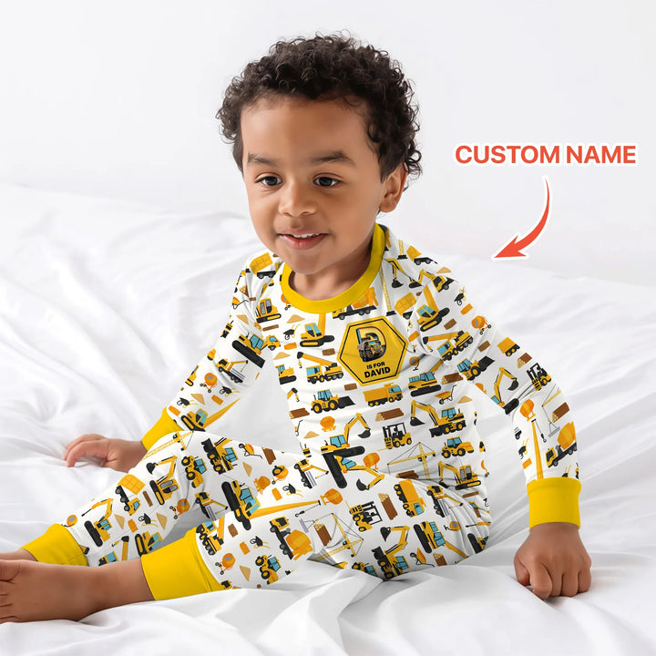Custom Name Construction Initials Bamboo Two Piece Long Sleeve Pajama Set