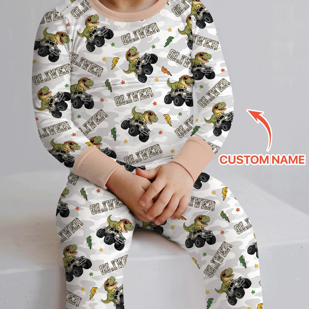 Custom Name Camo Trucker Dino Bamboo Two Piece Long Sleeve Pajama Set