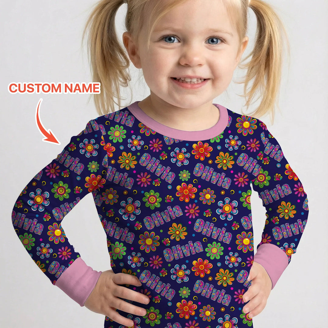 Custom Name Rainbow Hippie Flowers Bamboo Two Piece Long Sleeve Pajama Set
