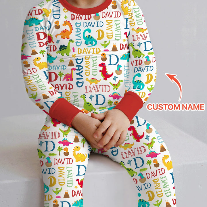Personalized Fantasy Dinosaur Word Bamboo Two Piece Long Sleeve Pajama Set