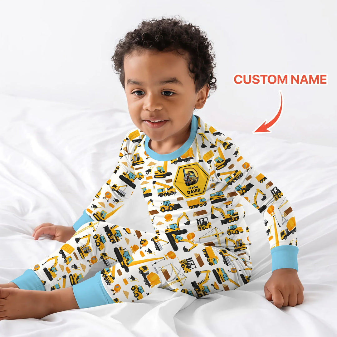 Custom Name Construction Initials Bamboo Two Piece Long Sleeve Pajama Set