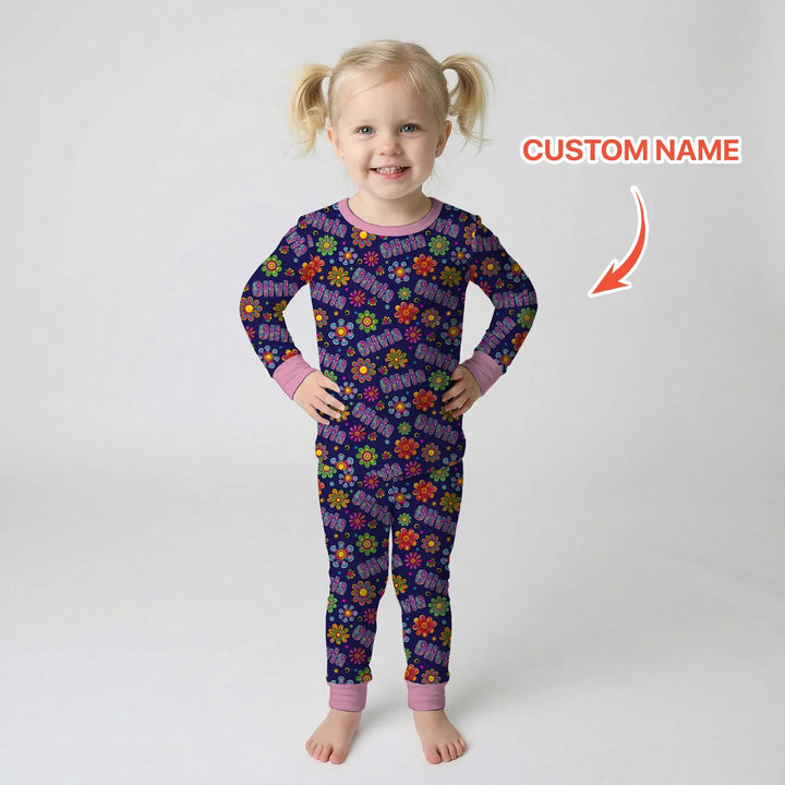 Custom Name Rainbow Hippie Flowers Bamboo Two Piece Long Sleeve Pajama Set
