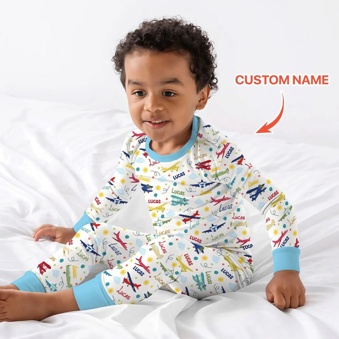Custom Name Air Transport Bamboo Two Piece Long Sleeve Pajama Set