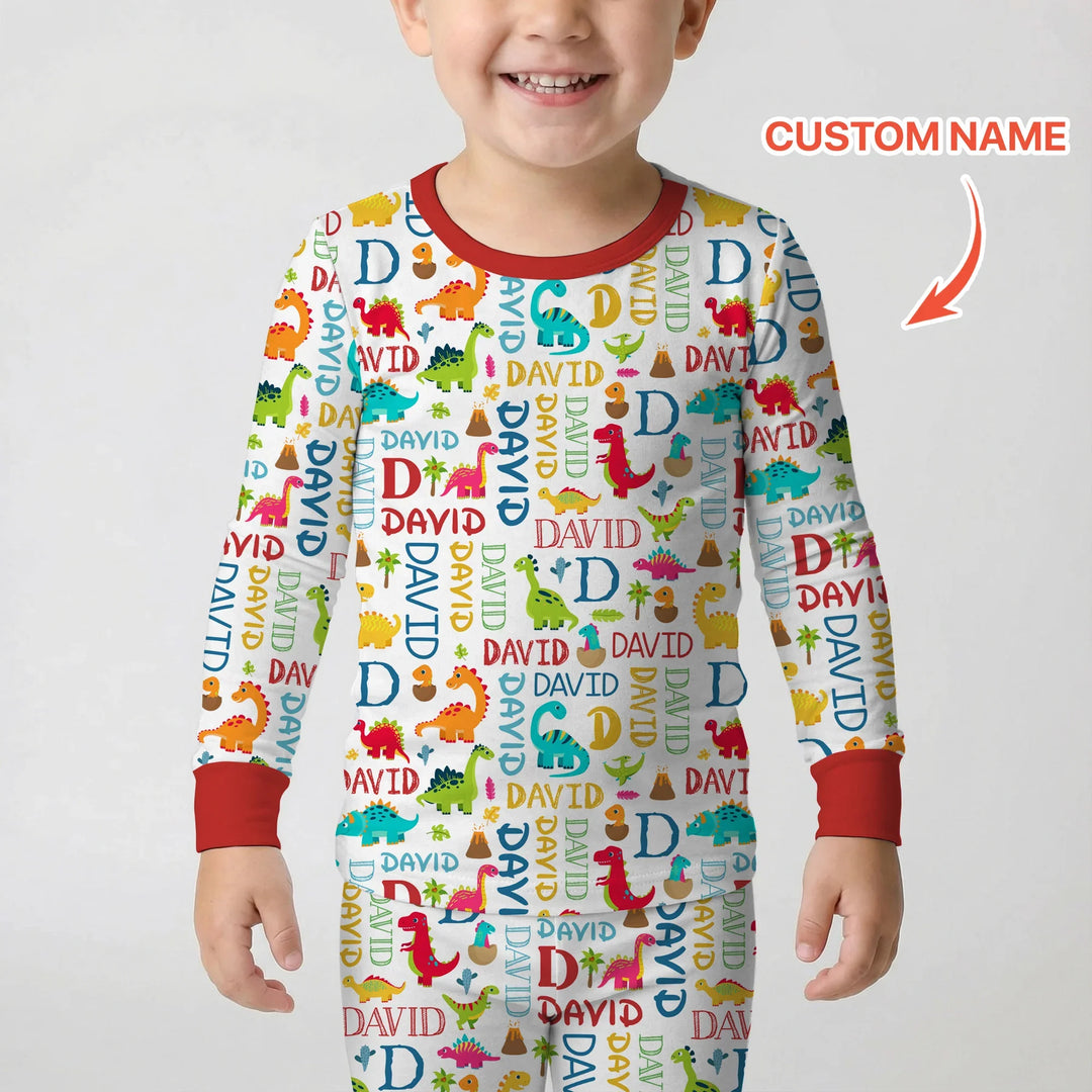 Personalized Fantasy Dinosaur Word Bamboo Two Piece Long Sleeve Pajama Set