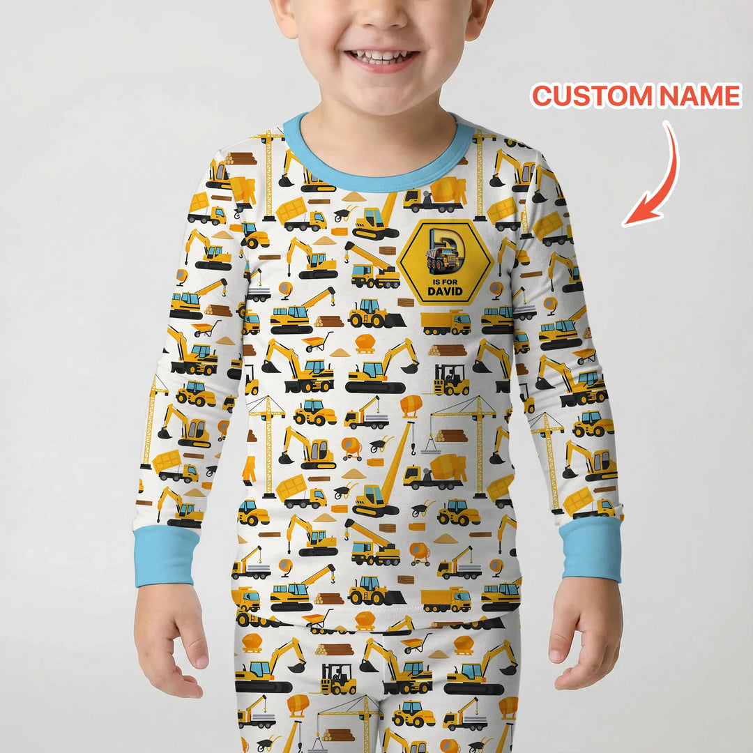 Custom Name Construction Initials Bamboo Two Piece Long Sleeve Pajama Set