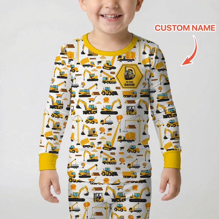 Custom Name Construction Initials Bamboo Two Piece Long Sleeve Pajama Set