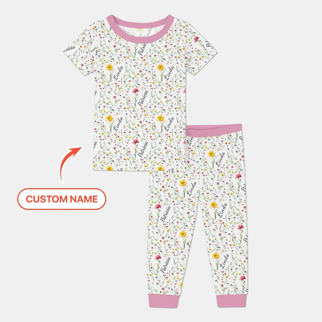 Birth Flower Custom Name Family Daughter Sister Bamboo Two Piece Short Sleeve Pajama Set