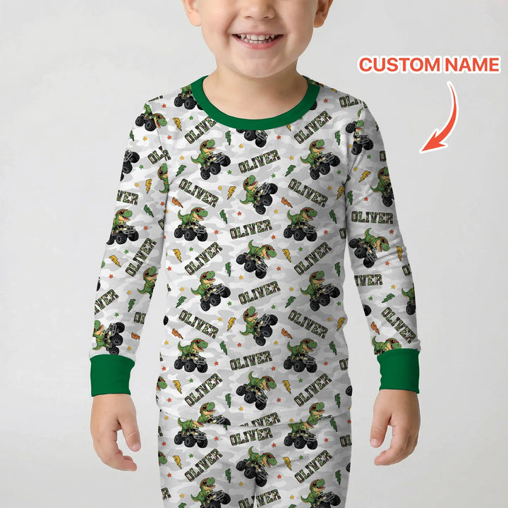 Custom Name Camo Trucker Dino Bamboo Two Piece Long Sleeve Pajama Set