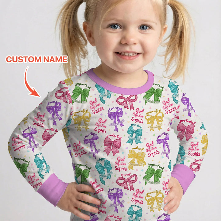 God Says I Am Bow Blessings Custom Name Bamboo Two Piece Long Sleeve Pajama Set