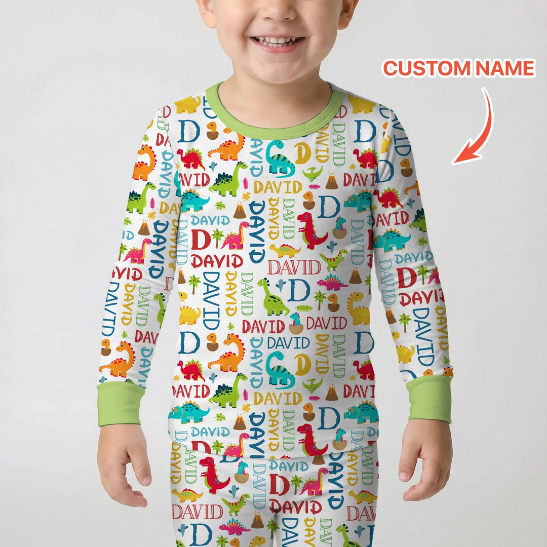 Personalized Fantasy Dinosaur Word Bamboo Two Piece Long Sleeve Pajama Set