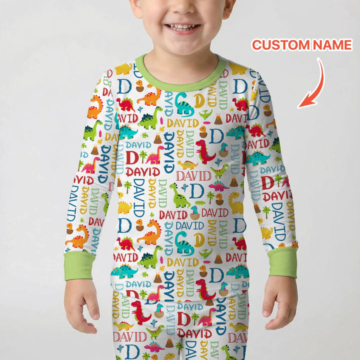 Personalized Fantasy Dinosaur Word Bamboo Two Piece Long Sleeve Pajama Set