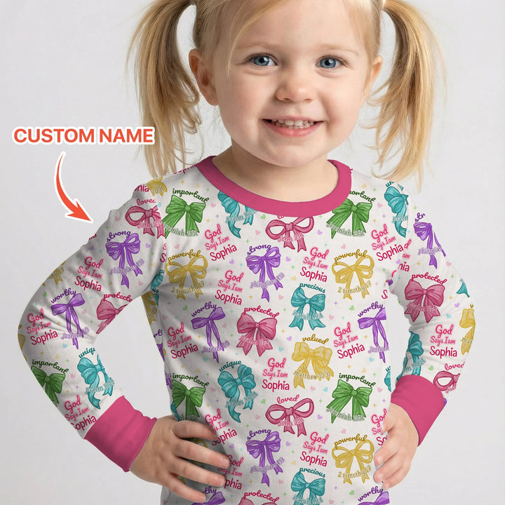 God Says I Am Bow Blessings Custom Name Bamboo Two Piece Long Sleeve Pajama Set