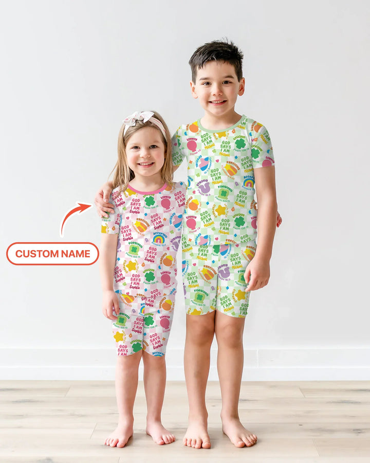 God Says I Am St. Patrick’s Day Custom Name Family Matching Bamboo Two Piece Short Sleeve Shorts Pajama Set