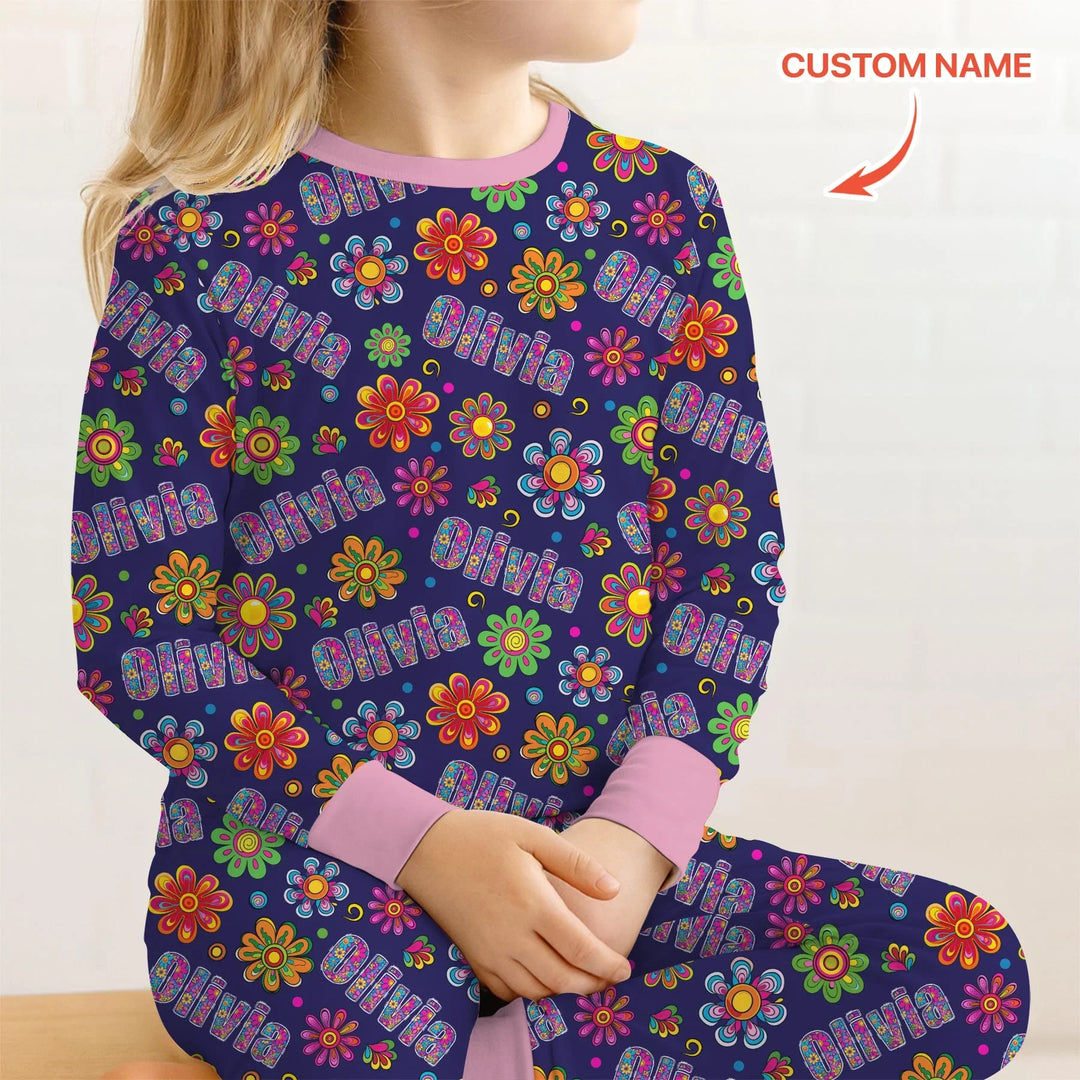 Custom Name Rainbow Hippie Flowers Bamboo Two Piece Long Sleeve Pajama Set