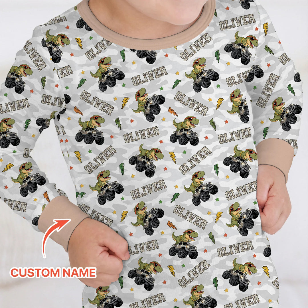 Custom Name Camo Trucker Dino Bamboo Two Piece Long Sleeve Pajama Set
