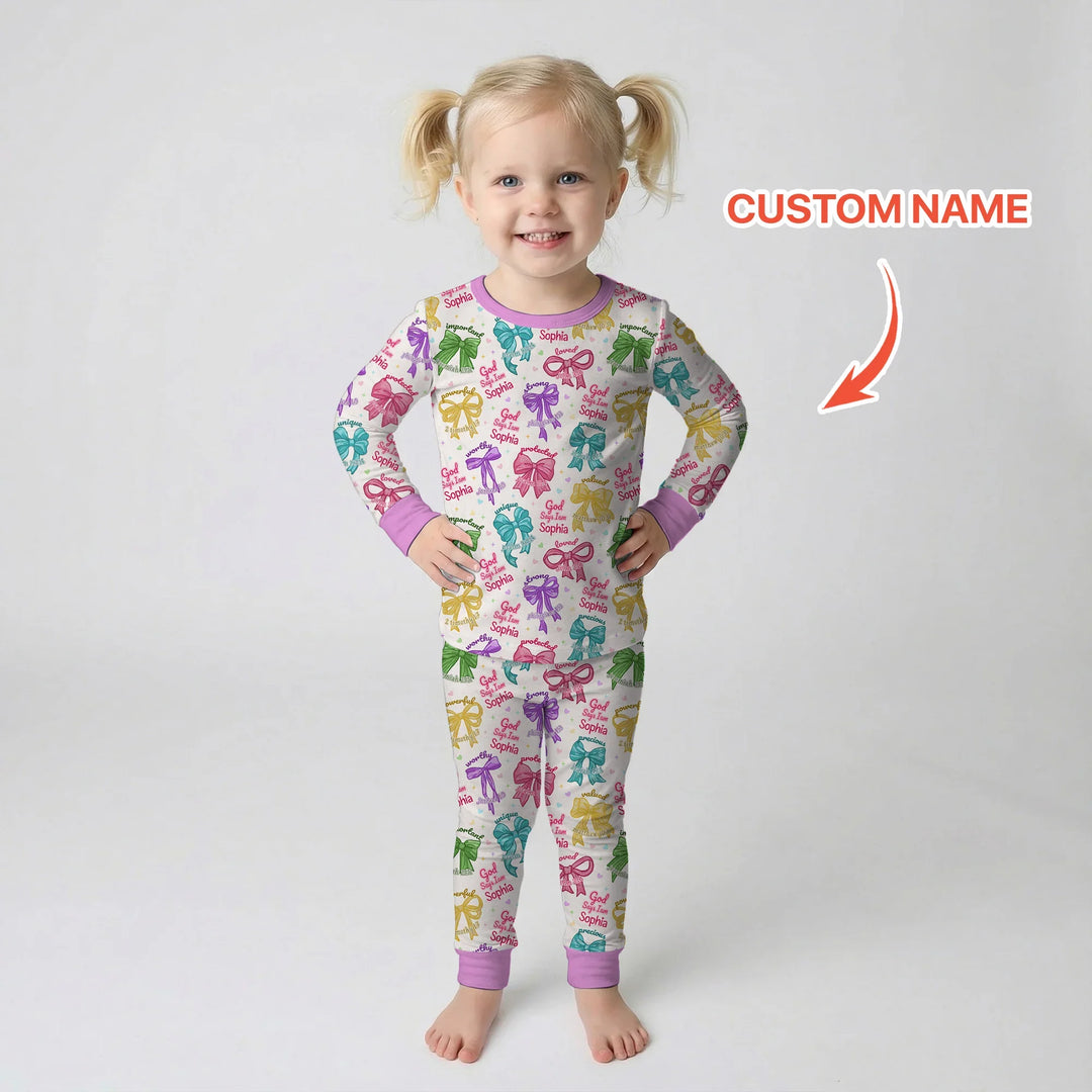 God Says I Am Bow Blessings Custom Name Bamboo Two Piece Long Sleeve Pajama Set
