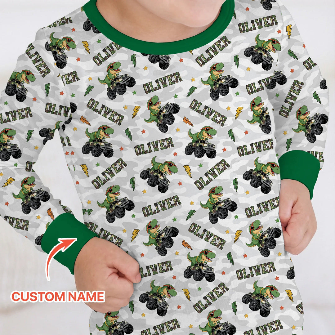 Custom Name Camo Trucker Dino Bamboo Two Piece Long Sleeve Pajama Set