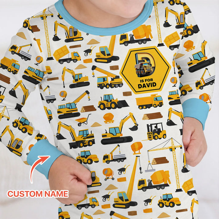 Custom Name Construction Initials Bamboo Two Piece Long Sleeve Pajama Set