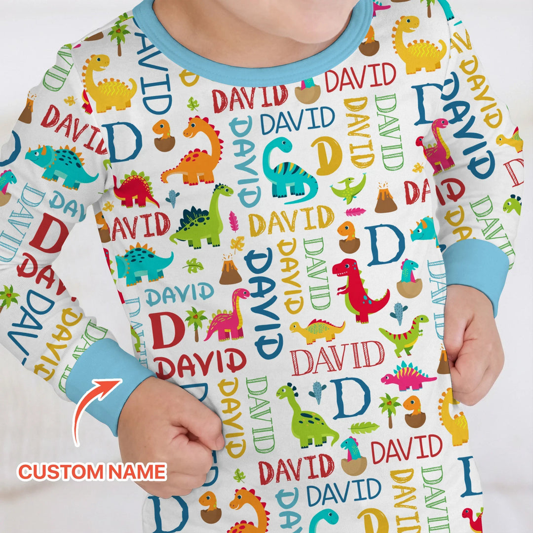 Personalized Fantasy Dinosaur Word Bamboo Two Piece Long Sleeve Pajama Set