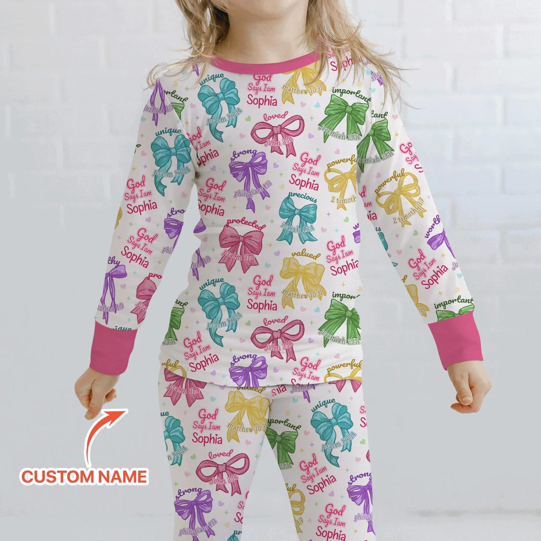 God Says I Am Bow Blessings Custom Name Bamboo Two Piece Long Sleeve Pajama Set