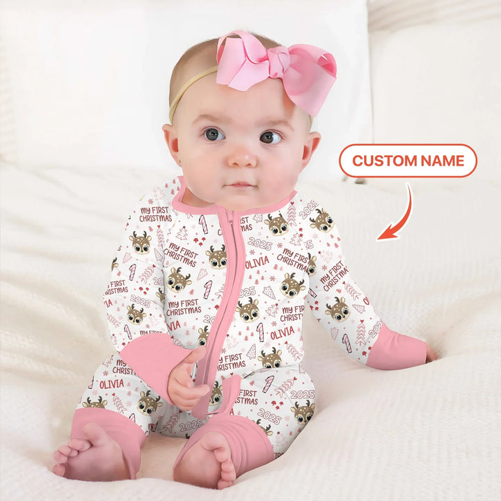 Custom Name Cute Reindeer My First Christmas Bamboo Convertible Zippy