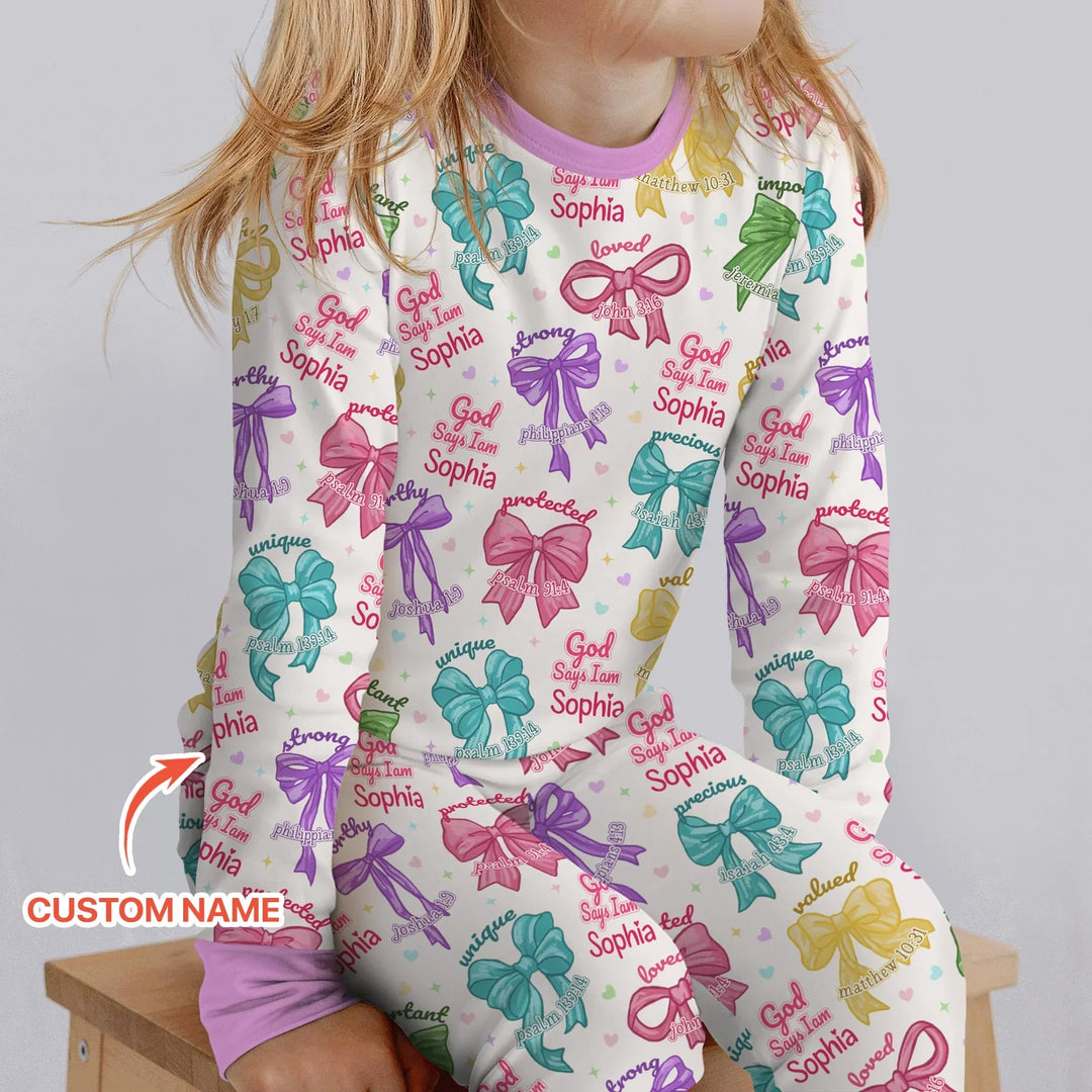 God Says I Am Bow Blessings Custom Name Bamboo Two Piece Long Sleeve Pajama Set