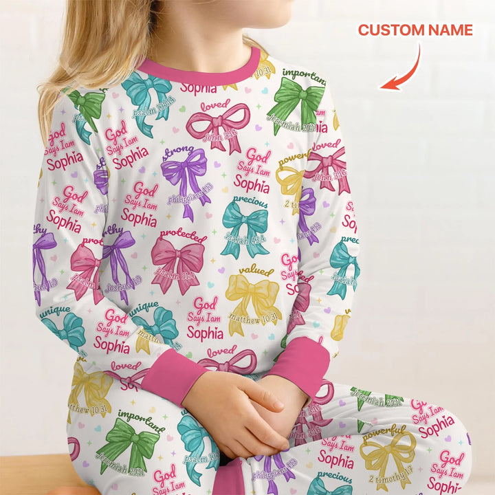 God Says I Am Bow Blessings Custom Name Bamboo Two Piece Long Sleeve Pajama Set