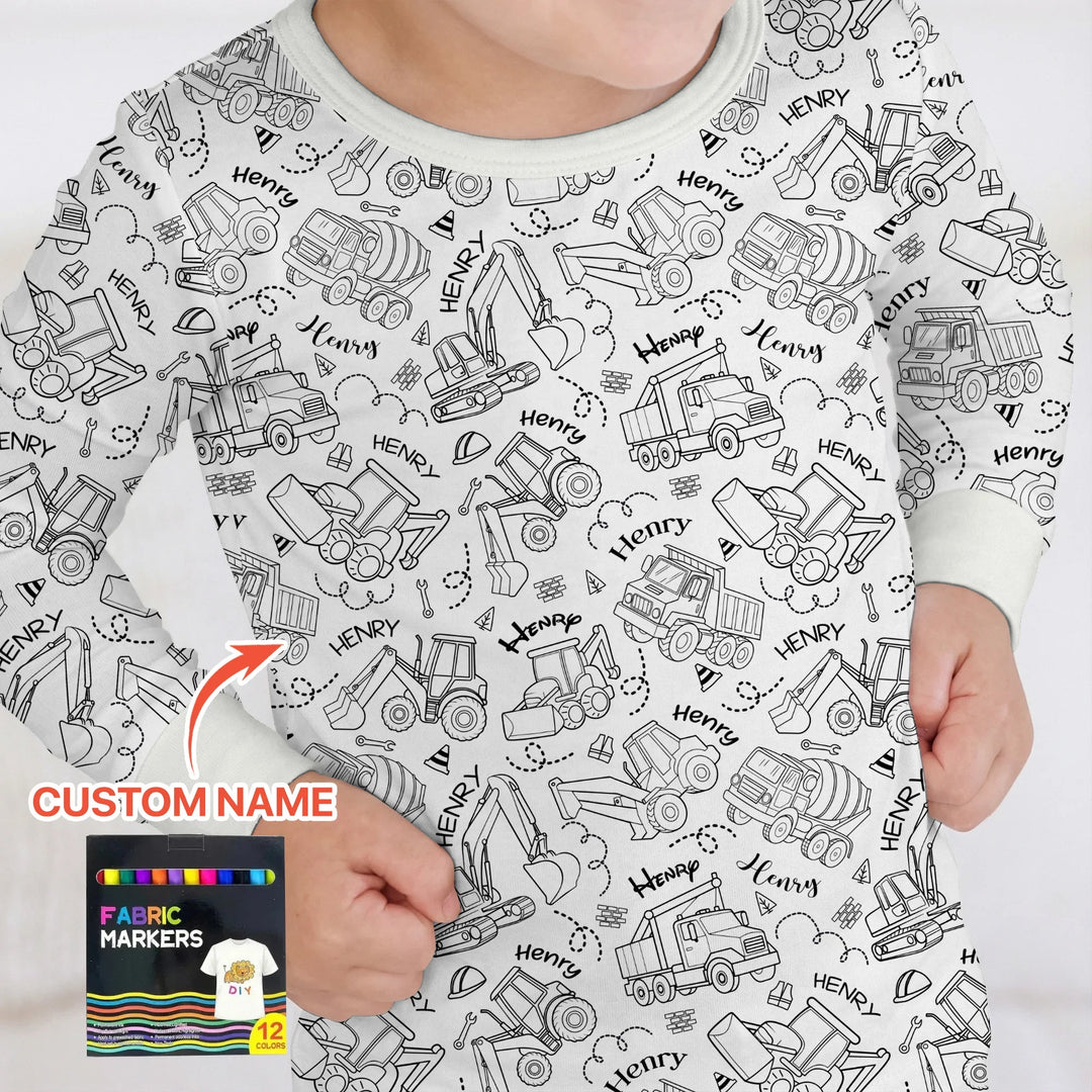 Construction Vehicules Custom Name Colorable Bamboo Two Piece Long Sleeve Pajama Set