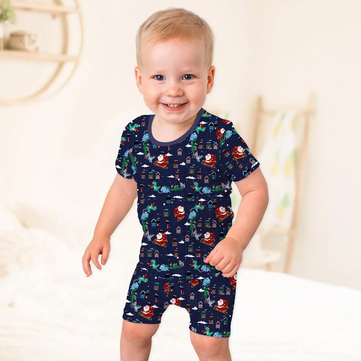 Dinosaurs Santa's sleigh Bamboo Two Piece Short Sleeve Shorts Pajama Set
