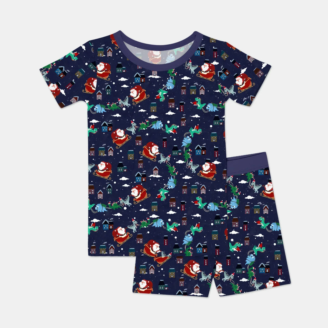 Dinosaurs Santa's sleigh Bamboo Two Piece Short Sleeve Shorts Pajama Set