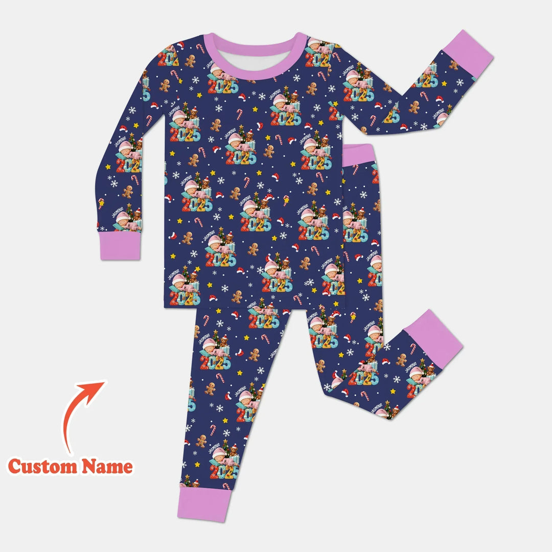 Custom Name Baby Girl's First Christmas Bamboo Two Piece Long Sleeve Pajama Set