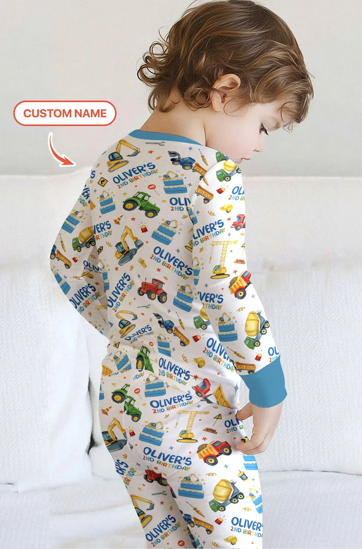 Custom Name Little Builder's Birthday Bamboo Two Piece Long Sleeve Pajama Set