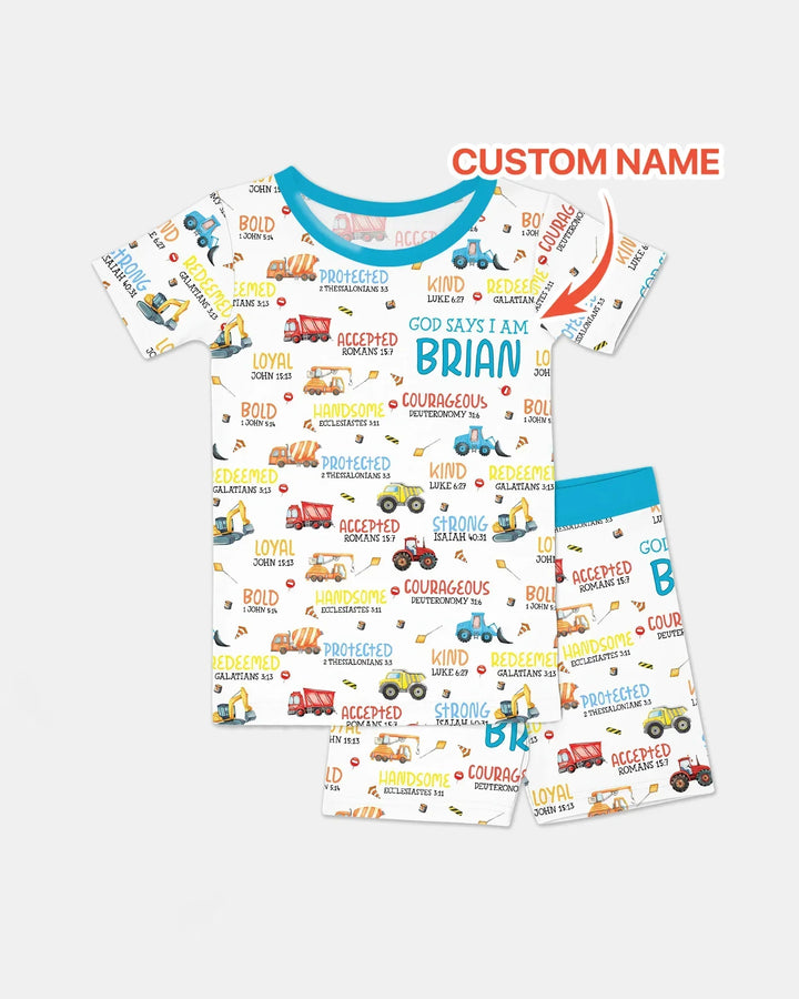 Personalized God Says I Am Little Builder Bamboo Two Piece Short Sleeve Shorts Pajama Set