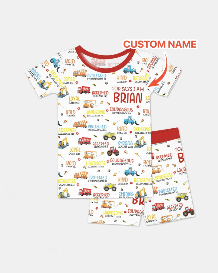 Personalized God Says I Am Little Builder Bamboo Two Piece Short Sleeve Shorts Pajama Set