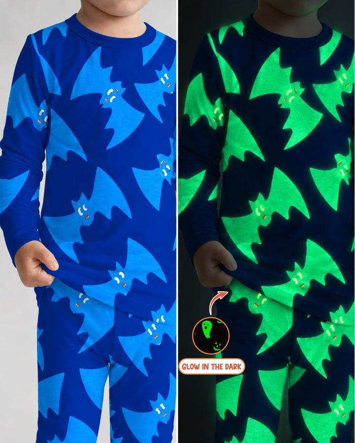 Glow In The Dark Electric Blue Bat Toss Bamboo Two Piece Long Sleeve Pajama Set