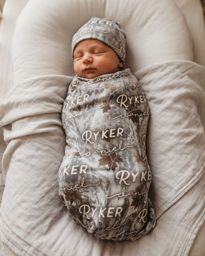 Custom Name Woodland Camo Bamboo Swaddle Blanket